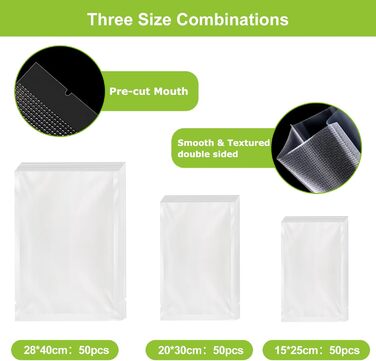 Bonsenkitchen Vacuum Bags - 150 Bags - 15x25 cm (50) + 20x30 cm (50) + 28x40 cm (50), Professional-grade foil bags for all vacuum sealers, vacuum bags for food, BPA-free, VB3215