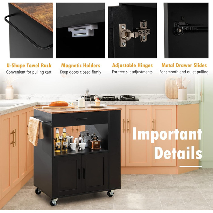 Giantex Rolling Kitchen Cart with Countertop - Kitchen Island with Storage, Mobile Kitchen Trolley with Drawer & 3 Shelves (White & Black)