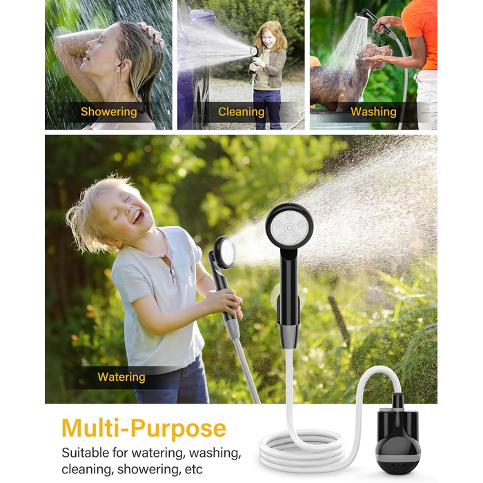 Portable Camping Shower with Pump - Rechargeable Battery Powered Camping Shower Set with 1.8m Hose - Camping Shower Set for Garden, Camping, Car Washing, and Pet Washing