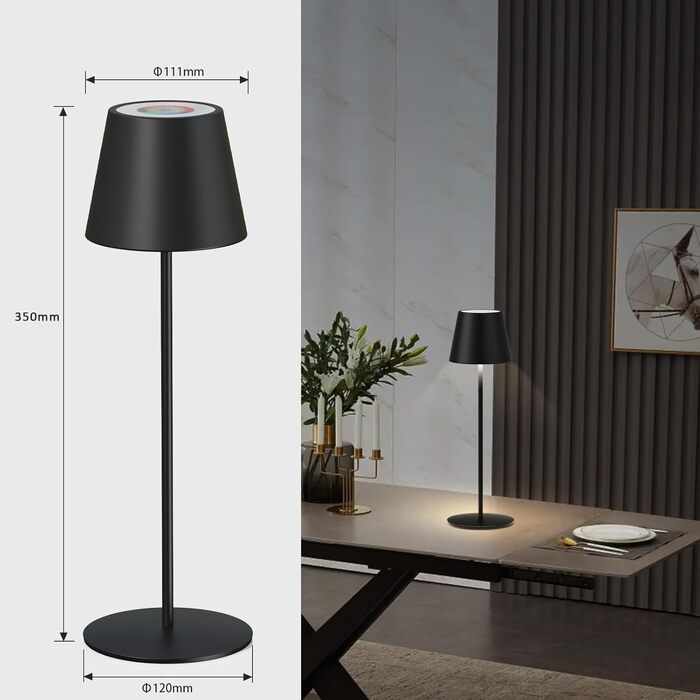 LED настільна лампа MALUX бездротова з диммуванням, 8 кольорів RGB, металева, IP54, для дому та саду, їдальні, спальні, балкону, готелю (сірий, чорний)