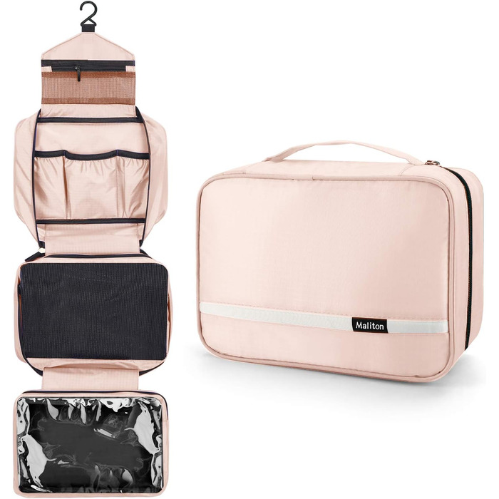 Сумка для косметики Maliton з підвішуванням, водонепроникна | Велика дорожня сумка для подорожей, ділових поїздок, спорту, плавання | Косметичка для жінок та чоловіків з 4 відділеннями, складна та компактна (Рожева)