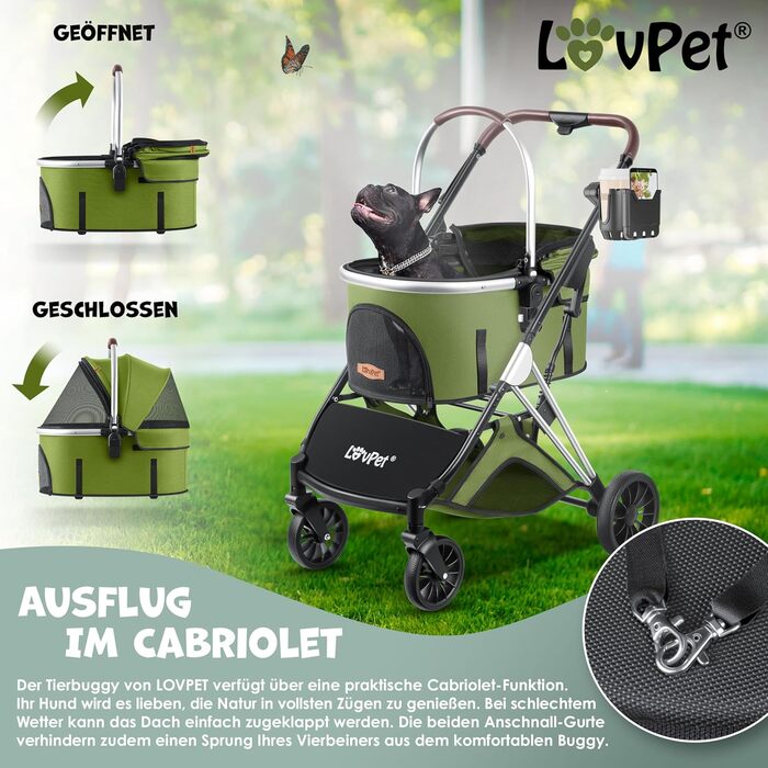 Візок для собак 3в1: візок-переноска, сумка-переноска, лежанка. Макс. вага 20 кг. Зручний, складний, з великими колесами, сітковими віконцями, дощовиком, тримачем для напоїв та м'якою підстилкою. Підходить для собак та котів (Khaki / Silver)