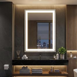 Дзеркало YOURLITE з підсвічуванням 70x50 см, LED дзеркало для ванної кімнати з годинником, сенсорне керування, 3 кольори світла, регулювання яскравості, антизапарник, пам'ять, срібний