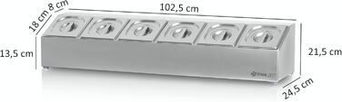 Контейнер для інгредієнтів з нержавіючої сталі Mahlzeit, 6x 1/6 GN, з гумовими ніжками, 102,5×24,5×21,5 см, для бару, кухні, піца-станції, салат-бару, кейтерингу