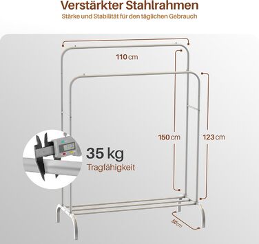 Підставка для одягу PORTENTUM: сталева, до 35 кг, з подвійною перекладиною та полицею для взуття, протиковзкі ніжки, захисні кінчики, швидкий монтаж, білий (без вішалок)