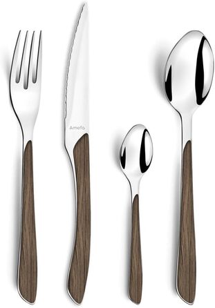 Amefa ECLAT Cutlery Set NATURE dark wood cutlery set 24-piece for 6 people stainless steel rustproof plastic handle bowls in wood look dishwasher safe cutlery set for 6 people