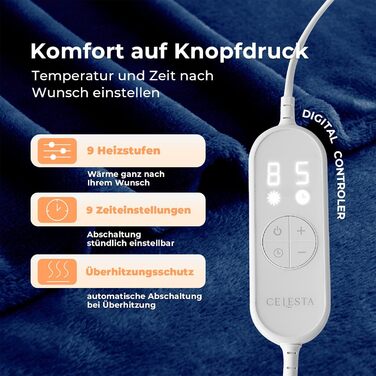 Електрична ковдра Celesta з автовимкненням, 9 температурних режимів, таймер, для софи, ліжка та офісу (Морська синя, 180 x 130 см)