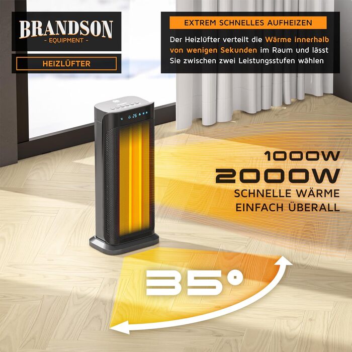Обігрівач Brandson з пультом керування, енергозберігаючий, тихий, керамічний - для ванної кімнати, з функцією осциляції, 2 режими нагріву, таймер, висока безпека, чорний