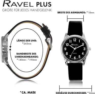 Годинник Ravel Plus - Екстра Довге Життя, Унісекс, для Щоденного Використання з Ремінком з Мікрофібри - Аналоговий Кварц (Японський) (Корпус 34 мм, Чорний / Сріблястий / Чорне Циферблат)
