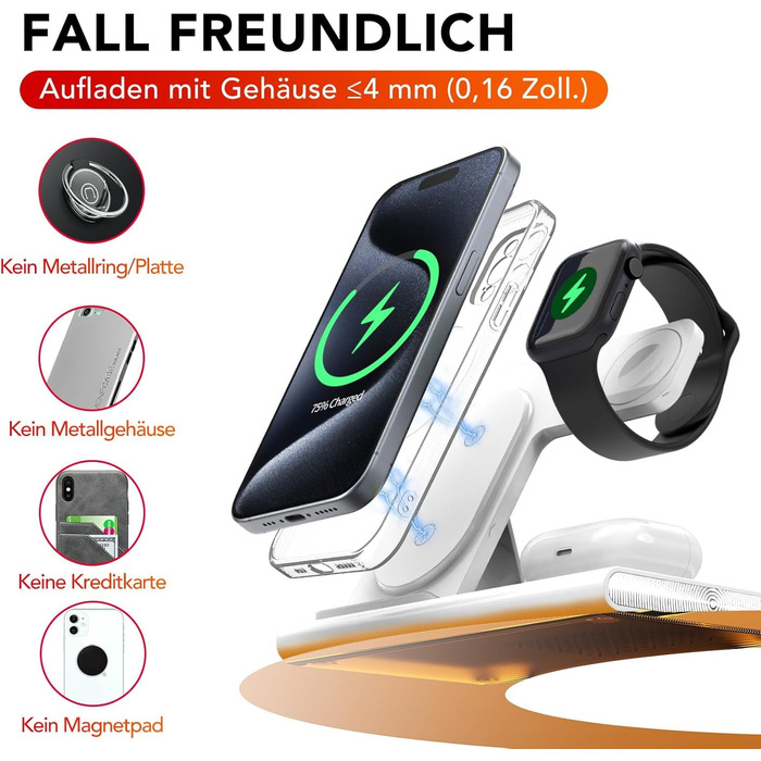 Бездротова зарядка Aimtel 3-в-1 з нічними ліхтариками, сумісна з iPhone 17/17 Pro/17 Pro Max/17 Air та Apple Watch. Підходить для AirPods Pro/4/3/2