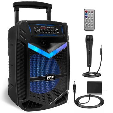 Pyle PA Bluetooth Гучномовець – Караоке Машина з Мікрофоном, 400W, Музична Система, Partybox, Акумуляторний, 8” Сабвуфер, 1” Твітер, Функція Запису, Підсвічування, USB/SD-Радіо