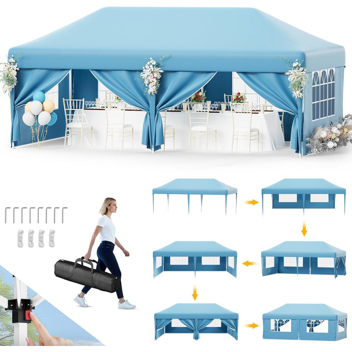 Devoko Gazebo, 2x2 Meter Waterproof, Stable, Winter-Proof Gazebo with 3 Height Adjustments, Foldable Gazebo with UV Protection 50+, Folding Tent, Gazebo with Carrying Bag, For Garden, Outdoor, Camping (3x6m, 6 Side Walls, Blue)