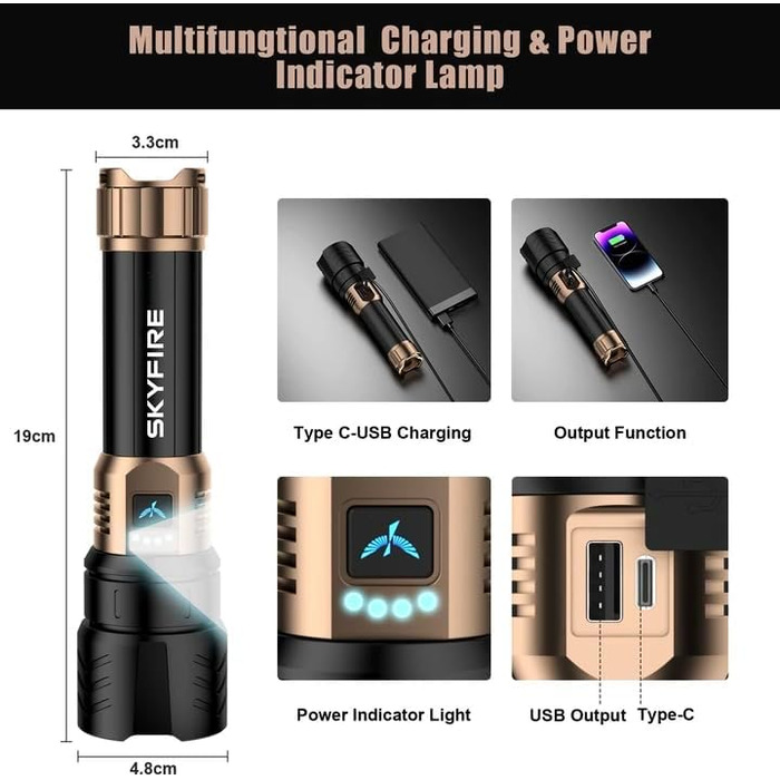 Ліхтар налобний LED Skyfire 900000 Люмен з лінзою для розпалювання вогню, USB-зарядка, 4 режими яскравості, Zoom, для кемпінгу, надзвичайних ситуацій та походів (чорне золото)