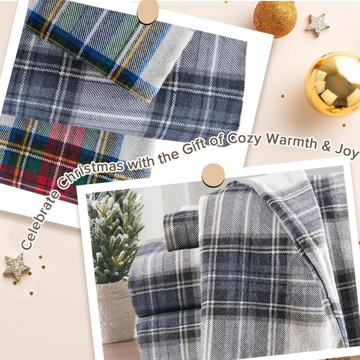 Comfort Spaces Cotton Flannel Sheet Set with Pillowcases, Breathable, Warm, Deep Pocket, for King Size Beds, Blue Tartan, Scottish Plaid Pattern, 4-Piece