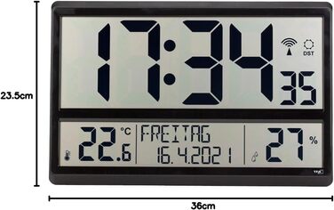 TFA Dostmann XL Wall Clock digital, 60.4520.01, with temperature and humidity, weekday (8 languages), radio-controlled clock, easy to read, large, (Black with batteries)