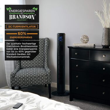 Turmventilator Brandson ECO Silent з DC-двигуном: 12 швидкостей, таймер, пульт ДУ, енергозбереження, колір чорний