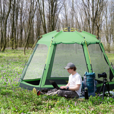 Outsunny Camping Tent 6-Person Family Dome Tent PU2000mm Waterproof, Easy Setup, Steel & Fiberglass, Green, 320x320x180cm