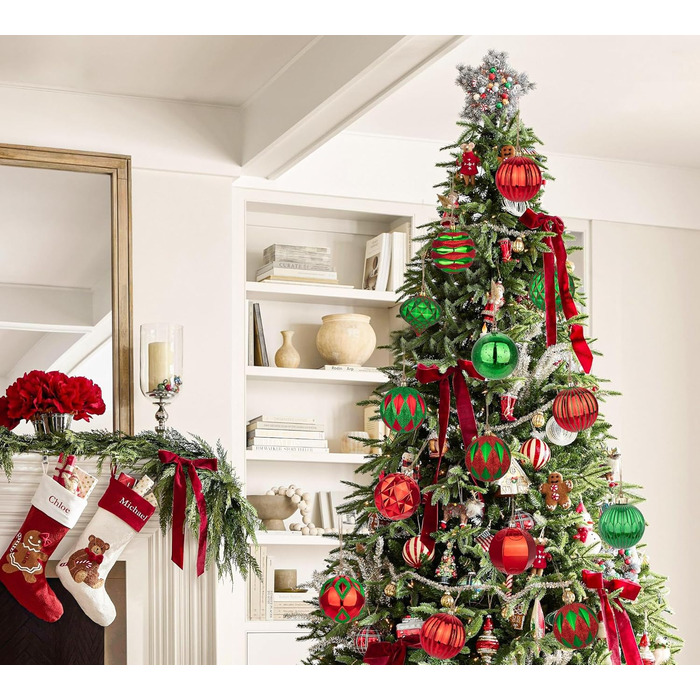 Набір з 12 штучок різдвяних кулі 10 см, великі, ударостійкі, для прикраси ялинки, з гачком (червоно-зелені)