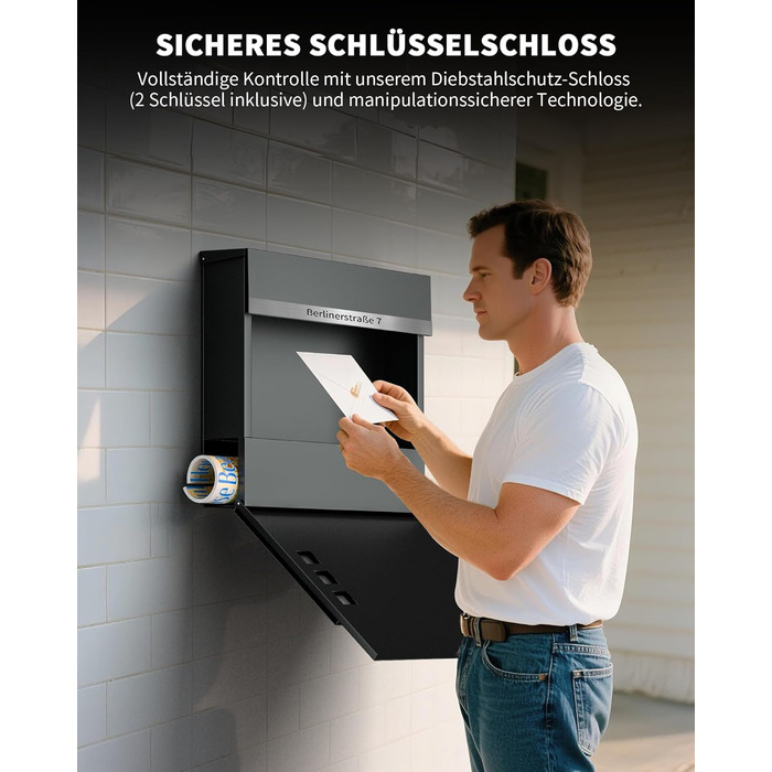 Поштовий ящик Anthrazit з гравіюванням, персоналізований, нержавіюча сталь, з відділенням для газет та замком (2 ключі) | Поштовий ящик з іменним шильдиком та номером будинку