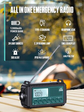 Радіо на сонячній батареї та ручному заводі Kurbelradio 12000 mAh з LED ліхтарем, AM/FM/SW, для надзвичайних ситуацій, чорний