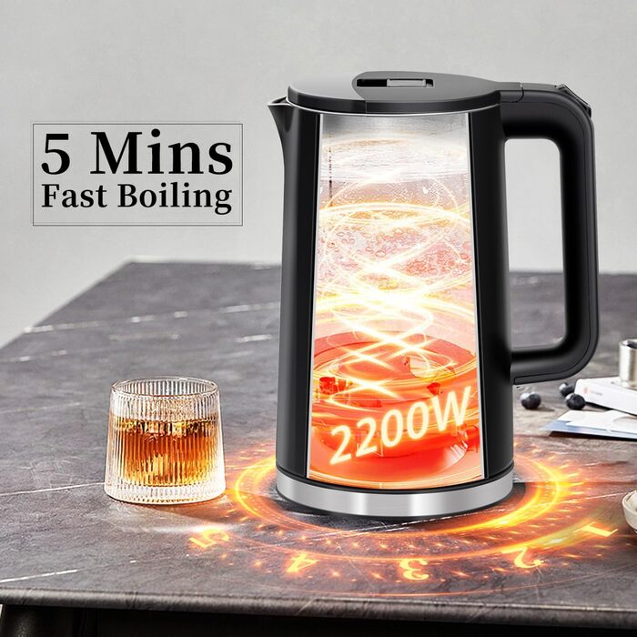 Електричний чайник Aigostar 1.7л, чорний матовий, нержавіюча сталь, 2200W, з подвійними стінками, автоматичне відключення, BPA Free, для кухні та офісу