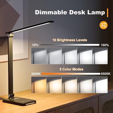 TOPPLEE LED Desk Lamp - Dimmable Table Lamp with Rechargeable Battery, 5 Colors & 10 Brightness Levels, USB Charging Port, Office Lamp for Kids & Home, Black