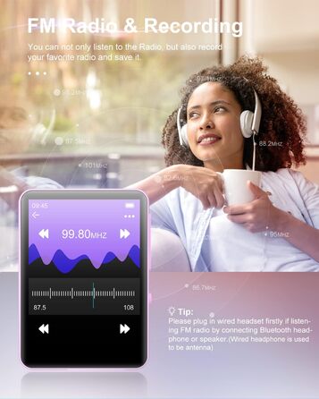 MP3 плеєр 64GB Bluetooth 5.3 HiFi, з радіо FM, диктофоном, металевим корпусом та сенсорним екраном 2.4
