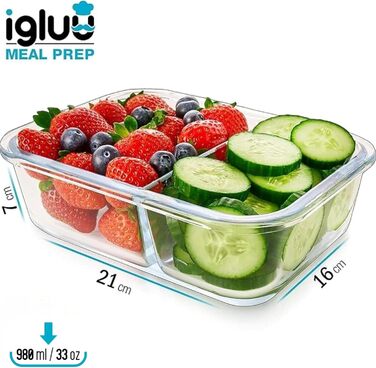 Набір контейнерів для їжі Igluu Meal Prep (3 шт.) – 980 мл, з боросилікатного скла, з 3 відділеннями, BPA-free, для мікрохвильовки, духовки, морозильника, посудомийної машини, витікання неможливе