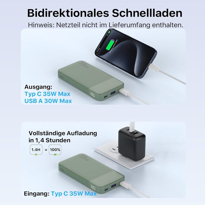 Power Bank NOBIS 35W 10000mAh з цифровим дисплеєм, 2 USB-C, 1 USB-A – зарядний пристрій для iPhone, Galaxy, планшетів (зелений)