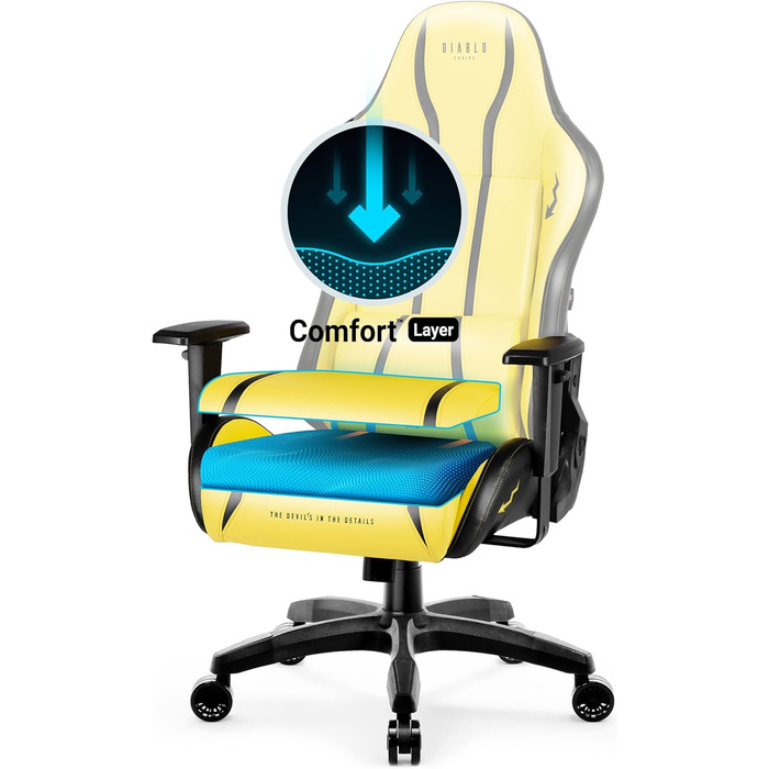 Ігрове крісло Diablo X-One 2.0 Electric Yellow L, ергономічне, регульовані підлокітники, подушки для шиї та попереку