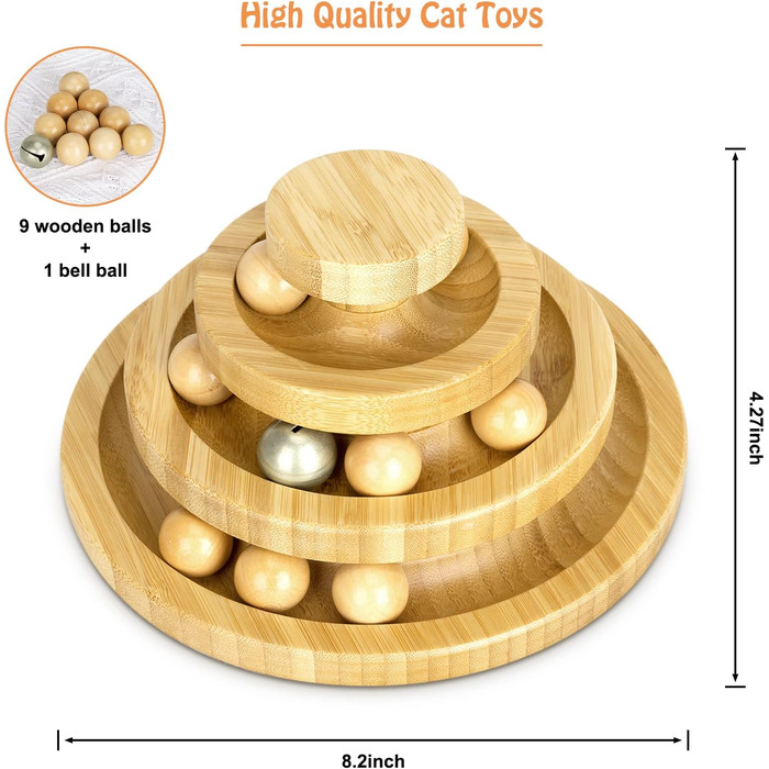 Cat Toy Self-Entertainment, Interactive Bamboo Cat Toy THREE Tiers Rotating Smart Track Ball Swing Roller with Bells