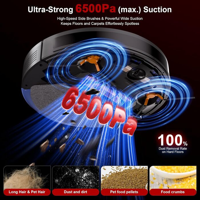 Робот-пилосос Chuboor з функцією миття 3 в 1, 6500Pa, LiDAR навігація, керування через додаток/WiFi/Alexa, автозарядка, 150 хв роботи, для шерсті тварин, килимів та твердих підлог, чорний