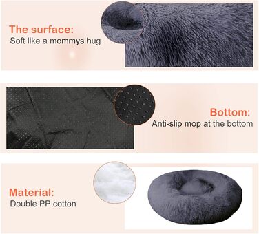 fireowl Donut Dog Bed Large Fluffy: 70cm Soothing Puppy Bed Anti-Anxiety Cat Bed - Plush Pet Bed Round Cozy Washable Gray