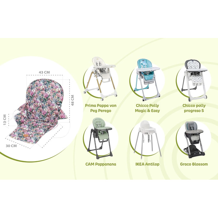 Seat reducer for high chair, baby seat cushion, chair - children for Ikea, Peg Perego high chair, chair cover for children's chair, baby chair and high chairs, leaves (flowers, seat cushion)