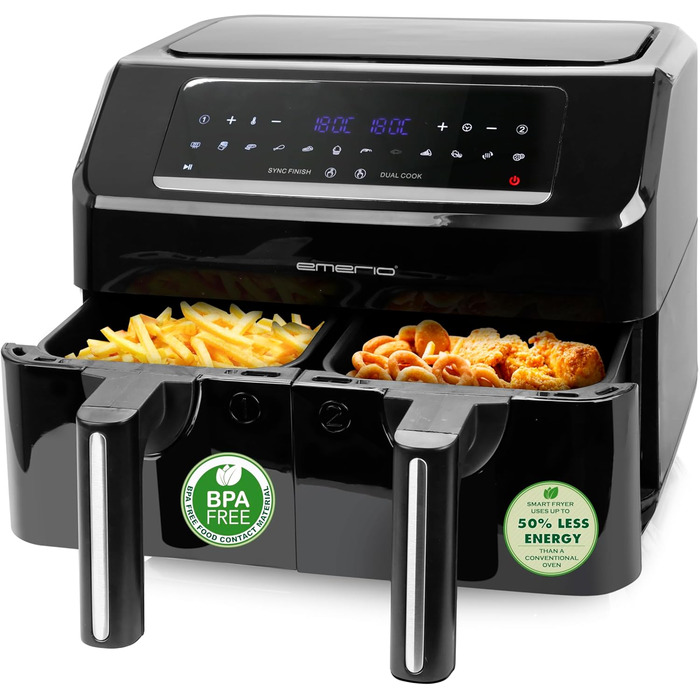 Електрична аерофритюрниця Emerio Digital Doppel 7,2 л (2×3,6 л), 12 програм, без BPA, синхронне завершення, фритюрниця без олії