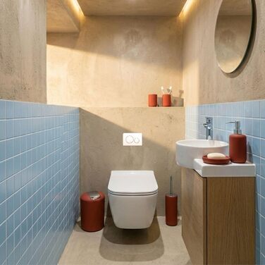 Набір аксесуарів для ванної кімнати 6 предметів, пластик, червоний: туалетний набір, кошик для сміття, стакан для зубних щіток, мильниця, дозатор для мила, декор