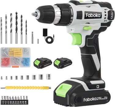 Faboka 21V акумуляторний шуруповерт, комплект з 2 акумуляторами 2.0Ah, 40Nm, 18+1 ступенів, 10мм патрон, регулювання швидкості, LED-підсвічування, для ремонту та DIY