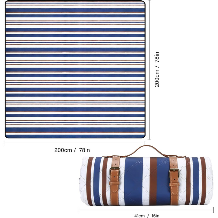 Пікнік-покривало 200x200 см Boho, водонепроникне, велике, переносне, пране, ізоляційне, з ручкою, для пляжу, парку, кемпінгу, синє з білим