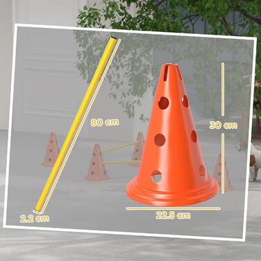 Набір для аджиліті для собак PawHut: 8 кеглів, 8 стійок, 3 перешкоди, регульована висота, з сумкою, оранжевий, багатокольоровий