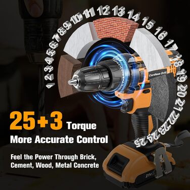 Акумуляторний шуруповерт AKZWOXRO 21V з 2 акумуляторами 2.0Ah, 42Nm, 2 швидкості, 25+3 ступені крутного моменту, патрон 10мм, LED ліхтик, 30-ти елементний набір для дому та саду, DIY проєкти