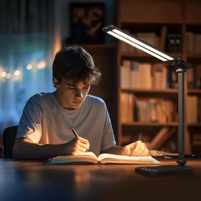 LED лампа настільна з двома руками, 5 кольорів та 10 рівнів яскравості, таймер вимкнення 45 хв, сенсорне керування, для навчання (біла) (чорна)