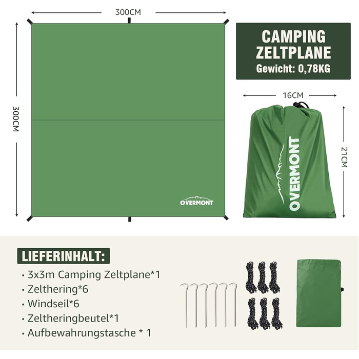 Намет Overmont 3x3 м, Тент, Сонячний Павільйон, Багатофункціональний, для відпочинку на природі, 6 кілочків та 6 мотузок