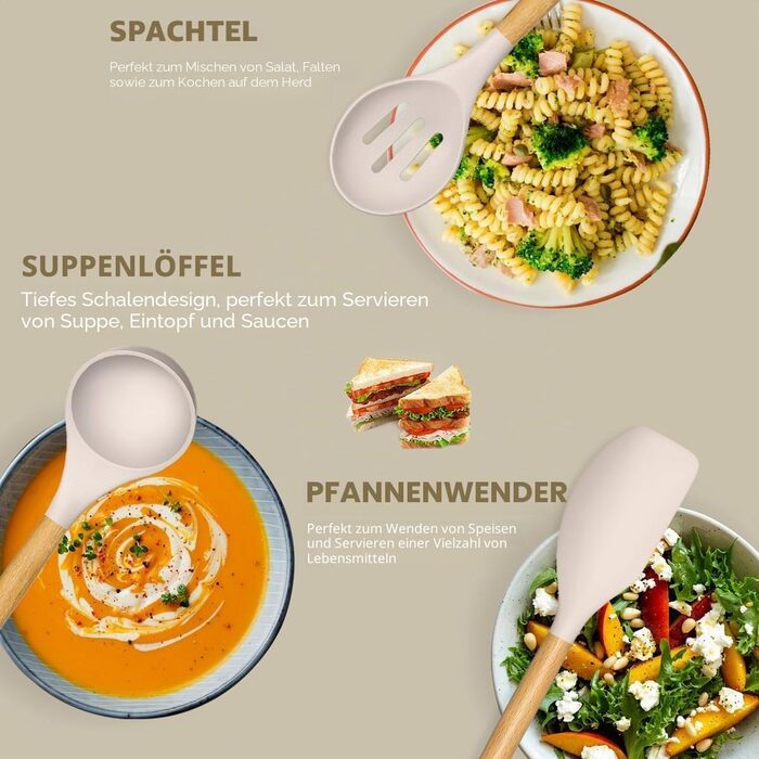 Набір кухонного приладдя Umite Chef (33 предмети), антипригарне силіконове покриття, дерев'яна ручка, хакі
