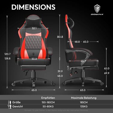 Ігрове крісло Dowinx Racing з ергономічною підтримкою попереку, чорно-червоне, PU шкіра, 150 кг