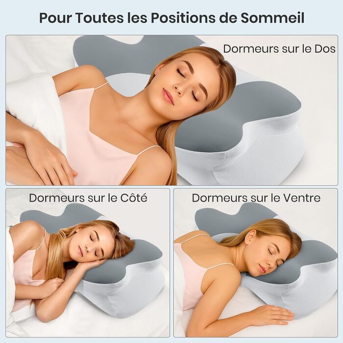 Подушка для шиї та голови DONAMA з піни Memory Foam, 62x37x12 см, сіро-біла, для сну на боці, спині та животі