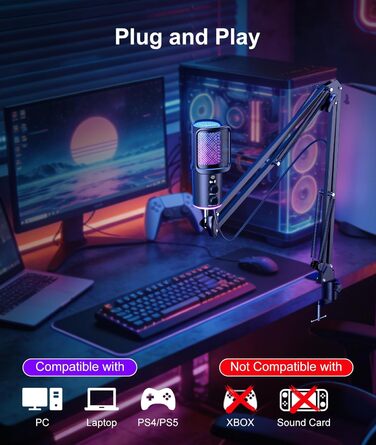 Професійний USB мікрофон для стрімінгу, подкастів та YouTube з RGB підсвіткою та кріпленням 