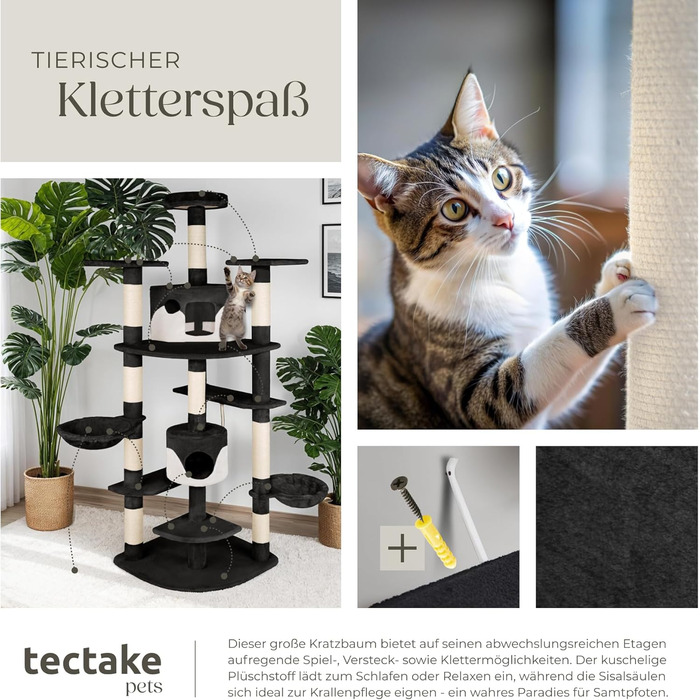 Дерево для котів tectake® велике, з аксесуарами та іграшками, XXL дерево для котів з 2 будиночками, ігровий комплекс з подряпальною колоною, з сизалю - сірий/білий (чорно-білий | № 402185)