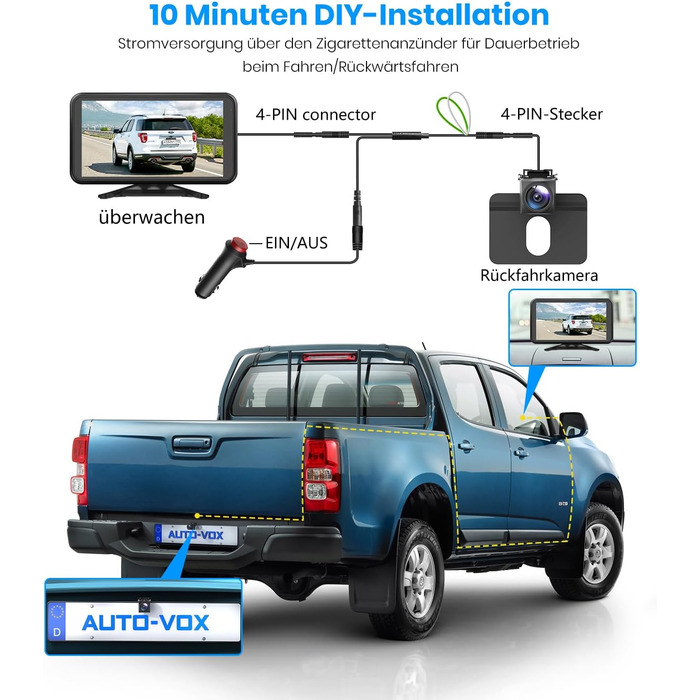 Автомобільна камера заднього виду Auto-VOX Plug & Play 4.8'' 1080P, стабільний сигнал, нічне бачення, IP69K, 3-кратний зум для вантажівок, SUV, автодомів
