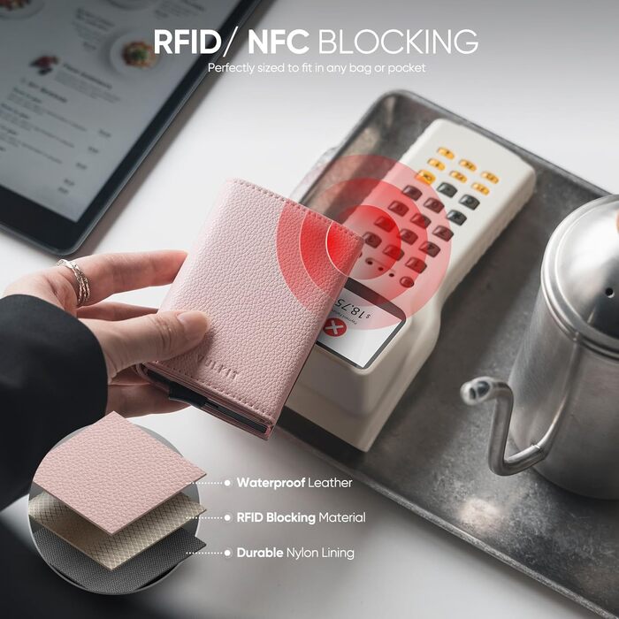 Гаманець жіночий шкіряний VULKIT з RFID захистом, складний, автоматичний картхолдер, відділення для готівки, рожевий