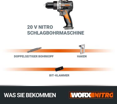 WORX NITRO WX352 акумуляторний ударний дриль-шуруповерт Set 20V - безщітковий двигун - для шурупування, свердління та ударного свердління - 60Nm - 2-швидкісна коробка передач & LED-підсвічування - в комплекті 2x20V 2Ah акумулятори & 2A швидке заряджання (